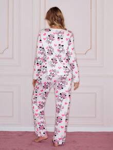 SweetSlumber Cute Rabbit & Heart Print Round Neck Long Sleeve Women Pajama Set - Multicolor - View 2