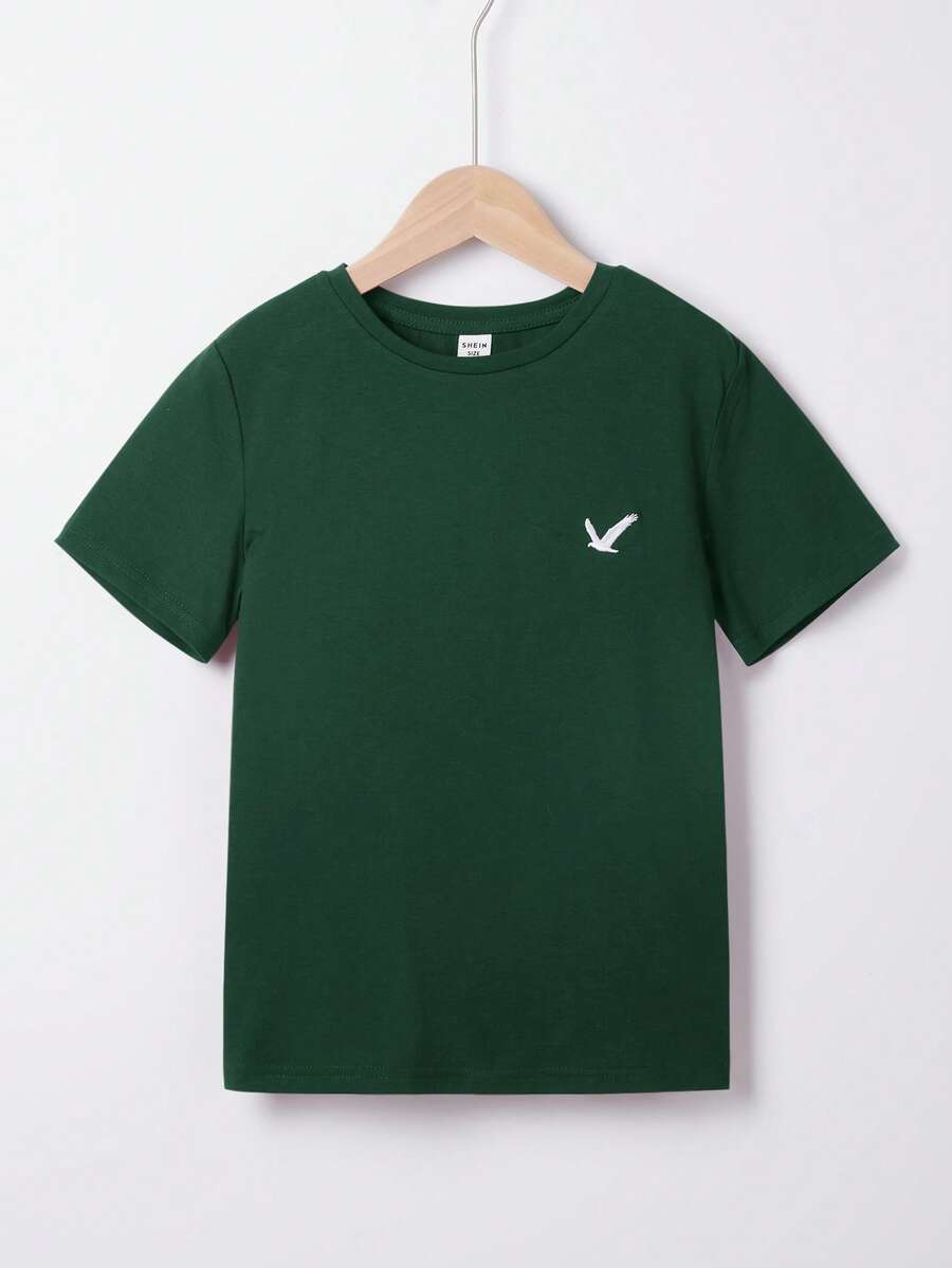 Áo thun ngắn tay cổ tròn in hình đại bàng dành cho bé trai tuổi teen, kiểu dáng thường ngày, đa năng. - Màu xanh lá cây đậm - Xem 1