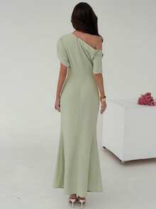 Aloruh Đầm dài màu xanh bạc hà thanh lịch, thiết kế bất đối xứng vai, thắt eo, thích hợp cho các bữa tiệc và dịp trang trọng. - màu xanh lá - Xem 8