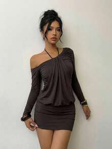 Aloruh Women's Sexy Asymmetric-Shoulder Tie-Up Mini Bodycon Long Sleeve Dress - Brown - View 5
