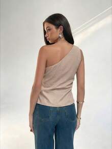 Aloruh Sleeveless Oblique Collar Side Ruched Commuter Chic Blouse For Women - Khaki - View 2