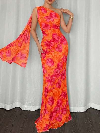 Firerie Women's Elegant Romantic Fashion Commuter Sexy Elegant Style Asymmetrical Shoulder Bodycon Maxi Dress, Suitable For Party, Beach Vacation, Back To School, Romantic Date, Wedding Season, Birthday, Easter, Spring/Summer Dress Tequila Sunrise Dress Orange And Pink Dress Sunset Dress