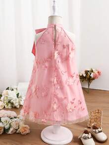 SHEIN Young Girl's Stand Collar Mesh Floral Casual Loose Halter Dress - Pink - View 8