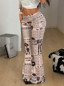 Coolane 女士复古侧抽绳Y2K喇叭裤，街头时尚百搭 - 卡其色 - 查看 5