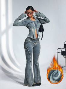 SHEIN Unity 大码女式喇叭牛仔裤，带保暖内衬，秋冬季时尚之选 - 藍色 - 查看 6