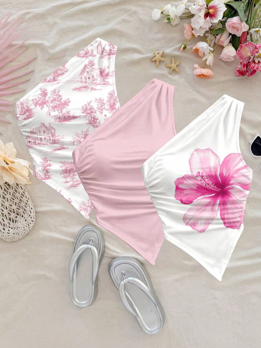 Soleia 女士Y2K无袖褶皱不对称下摆露脐上衣 - 淺粉色 - 查看 1