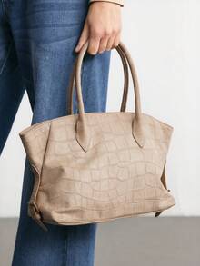 SHECARRY Apricot Tote Bag, Crocodile Embossed Suede Retro Handbag - Apricot - View 5