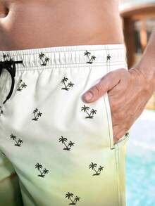 Manfinity KASUA Men's Gradient Coconut Tree Print Beach Shorts, Summer Holiday Style - Army Green - View 4