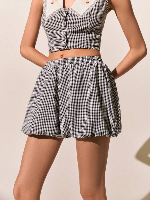 Poéselle 女士休闲度假风格子印花弹力腰泡泡短裤，适合日常通勤和夏季穿着