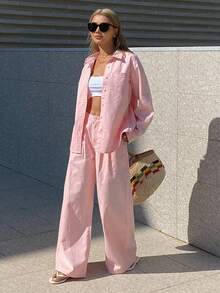 DAZY Women's Collared Loose Shirt And Straight-Leg Pants Casual Denim Set, Elegant And Girly Pink Aesthetic - Pink - View 2