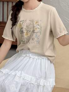 Áo thun ngắn tay cổ tròn in họa tiết dành cho bé gái tuổi teen, chất liệu dệt kim, thích hợp mặc mùa thu xuân. - Màu Khaki - Xem 7
