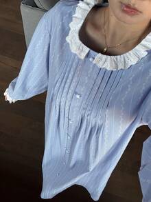 DAZY 甜美条纹图案印花撞色滚边宽松女士睡裙 - 藍色 - 查看 9