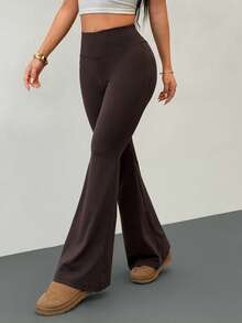SHEIN PETITE Women's High Waist Elastic Yoga Pants, Slimming Fitness Leggings Flared Leggings Brown Pants For Women Bell Bottom Pants Pants Flare Leg Flared Brown Pants,Spring Summer Outfits Dark Brown Flared Pants Womens Flared Trousers