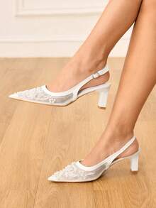 CUCCOO HITCHD Giày cao gót mũi nhọn, đế chunky, thêu họa tiết và đính hạt cườm dành cho nữ, kiểu dáng hở gót quai ngang, thanh lịch và thời trang cho đám cưới, ngày Valentine, tiệc trà. - trắng - Xem 2