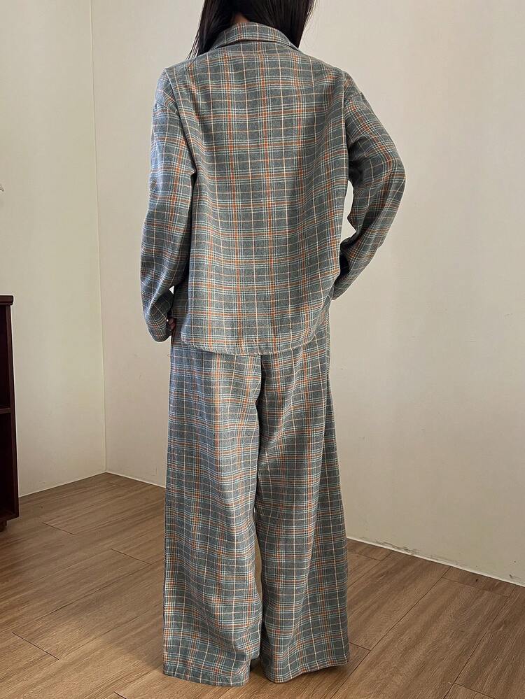 Plaid Print Button Front Long Sleeve Top And Pants Loose Women Pajama Set
