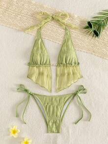 Swim Mod 新款亮片绿色比基尼泳衣，性感沙滩度假约会装，春夏款 - 綠色 - 查看 3