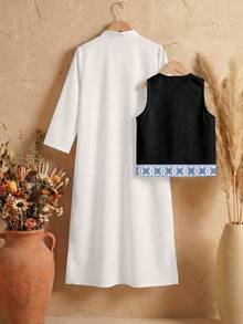 SHEIN 2件套男童经典阿拉伯传统长袍+背心，传统图案印花 - 彩色 - 查看 4