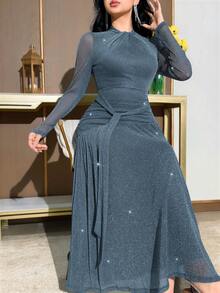 Modelyn 女士纯色系带腰部亮面优雅中长连衣裙 - 藍色 - 查看 7