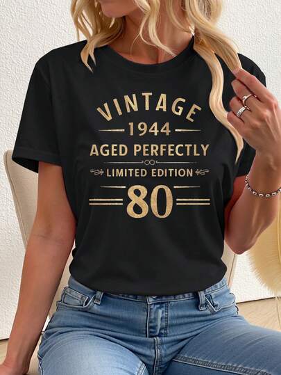 EMERY ROSE 女士修身复古1944限量版“完美复古”标语T恤，休闲图案T恤女式上衣