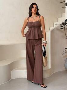 SHEIN Tall 100%纯棉棕色亚麻吊带背心和裤子套装 - 棕色 - 查看 3