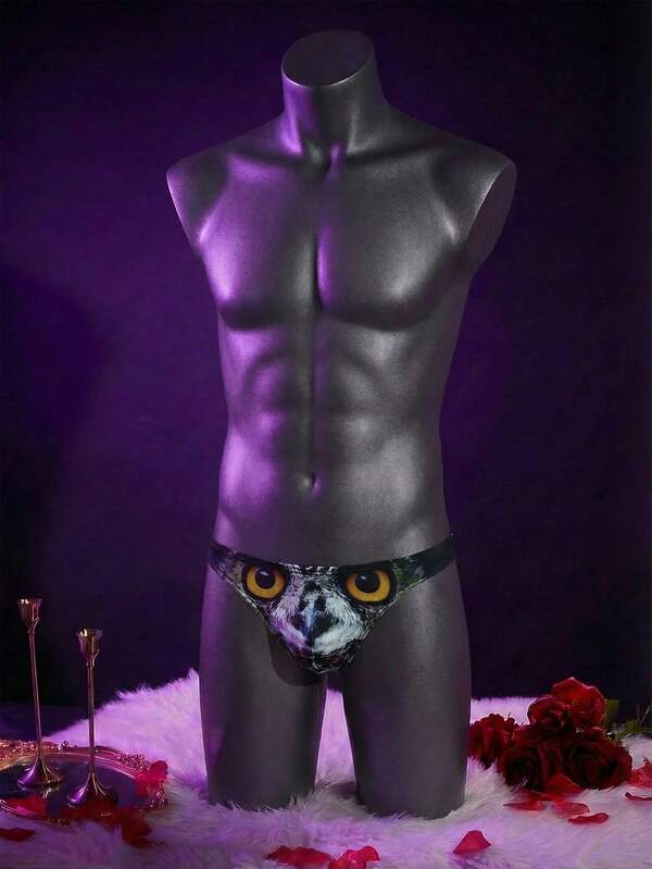 WENEZON Men's Sexy Thong Underwear, Owl Design, Black