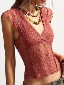 Bohemela Áo nữ dệt kim ren cổ chữ V màu trơn, dáng ôm, thích hợp cho mùa xuân đến hè, trang phục đi nghỉ mát, trang phục ngày lễ tình nhân, trang phục mùa hè, áo hè, quần áo mùa hè, áo đỏ. - Màu Cam cháy - Xem 8