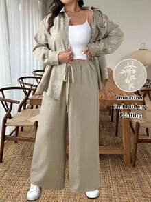 SHEIN LUNE 大码女式法式休闲优雅长袖上衣和裤子两件套，秋冬款 - 杏色 - 查看 4