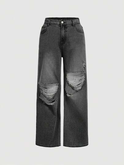 SHEIN MOD 大码女式宽松破洞喇叭牛仔裤，蓝色