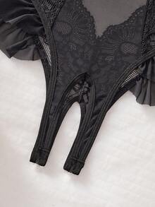 SpicyHot 蕾丝拼接网纱女士性感连体裤（优雅+透视+连体裤+无钢圈） - 黑色 - 查看 5
