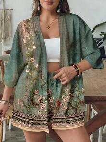 SHEIN VCAY Casual Vintage Leaf Pattern Loose Plus Size 2 Pieces Set, Suitable For Summer - Green - View 5