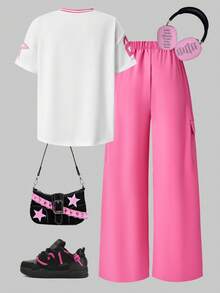 SHEIN ChillGRL 少女休闲字母条纹V领露肩宽松T恤和数字图案T恤搭配时尚实用直筒口袋裤两件套，春夏秋三季皆宜。 - 淺粉色 - 查看 2