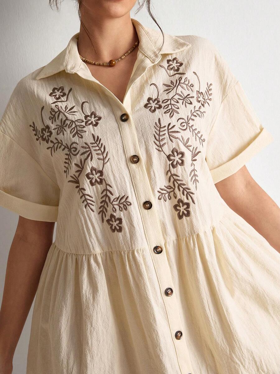 Freevana Holiday Loose Embroidered Casual Women Summer Shirt Dress With Ruffled Hem - Beige - View 1