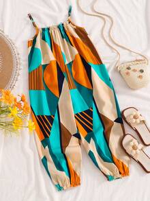 SHEIN Young Girl Woven Geometric Print Jumpsuit - Black - View 4