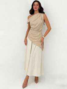 Aloruh Modern Beige Set,Elegant Summmer Vacation One-Shoulder Cinched Waist Metal Buckle Top & Straight-Leg Pants,Dignified Office Wear & Casual Outfits - Multicolor - View 6