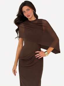 Aloruh Brown Minimalist Ruched Decor Long Tight Mesh Dress For Women, Autumn/Winter - Brown - View 3