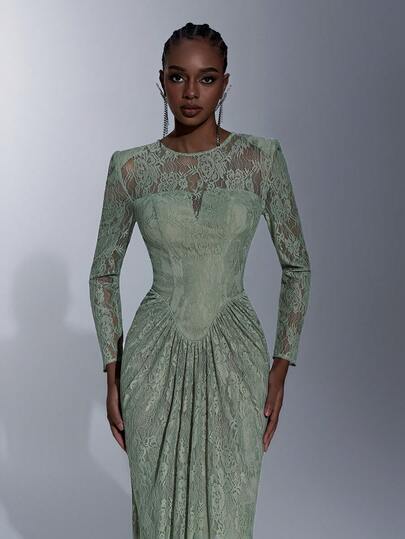 Elitara Elegant Gray-Green Romantic Elastic 3D Lace Round Neck Wide Shoulder Padded Sheer Long Sleeve Waist Slimming Ruched Fishtail Hem Backless Dress, Suitable For Dates, Vacations, Weddings, Singles Parties, Business Galas, And All Formal Occasions
