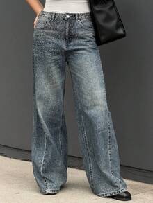 Kuleshova Casual Bleached Dazzling Wide Leg Jeans - Blue - View 3