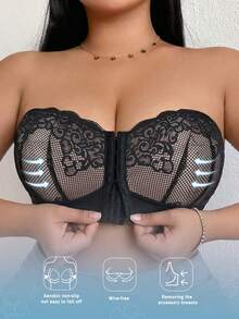 DesireSculpt 1pc Plus Size Black Wireless Lace Front Closure Supportive Bra - Black - View 4