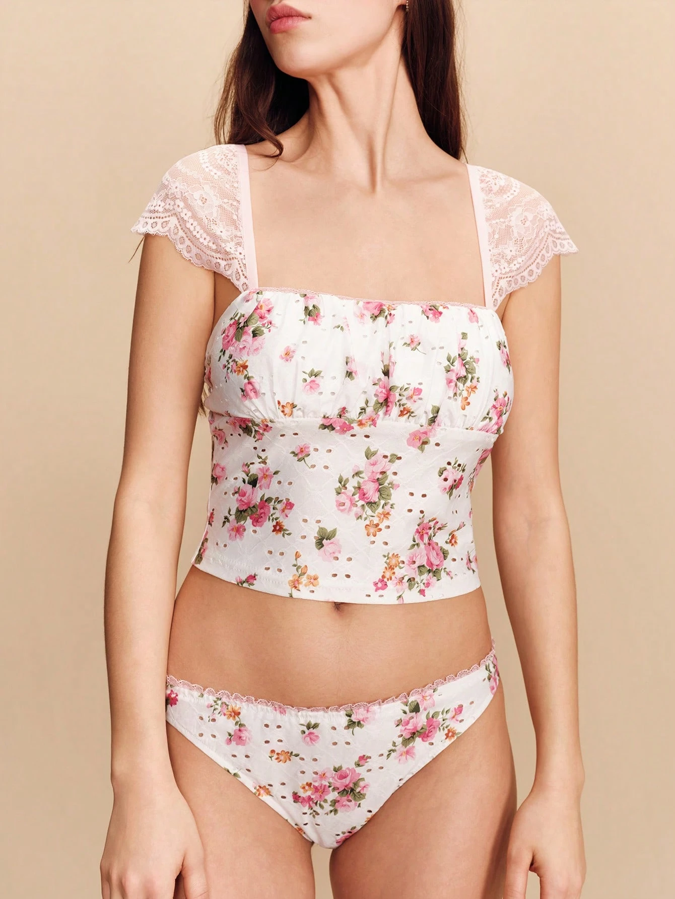 Floral Print Broidery Vintage Cute Top With Pink Lace Sleeves And Matching Knicker Lingerie Set Cute Lingerie Set Flower Lingerie Set
