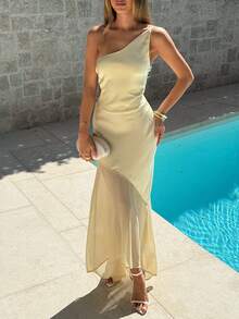 Aloruh 女士优雅性感纯色黄色吊带露背系腰缎鱼尾连衣裙，适合春夏、度假、毕业典礼、婚礼、约会、派对等场合。 - 黃色 - 查看 5