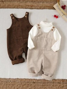2pcs/Set Baby Solid Color Thermal Lined Overalls, Comfortable Versatile Casual Stylish Outfits, Suitable For Indoor, Outdoor, Daily Wear, Sports, Play, Party, Photography, Holidays In Autumn/Winter Baby Boy Corduroy Jumpsuit Neutral Baby Clothes Brown Baby Overalls Mocha Baby Overalls Baby Corduroy Overalls Fall