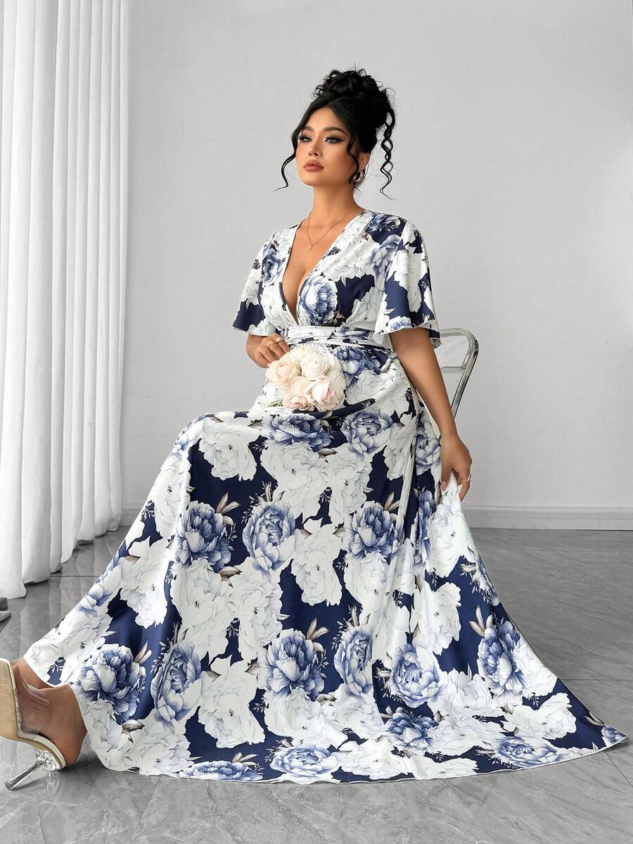 Elenzga Plus Size Women V-Neck Navy Blue & White Floral Print Ruffle Sleeve Summer Elegant Wedding Guest Casual Maxi Wrap Dress For Parties,Graduation,Dates - Navy Blue - View 1