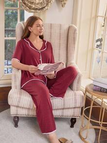 Doze Lane Plus Size Casual American Style Turndown Collar Short Sleeve Loose Soft Pajama Set - Burgundy - View 6