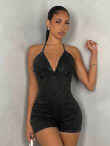 SHEIN BAE Denim Jumpsuit - Medium Wash&Jumpers And Women Rompers&Summer Tops&Summer Clothes&Festival Outfits&Country Concert Outfit&Rave Festival Outfits - Black - View 1