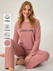 Loomlin 100%Cotton Letter Graphic Drop Shoulder Tee & Pants Lounge Set - Mauve Purple - View 1