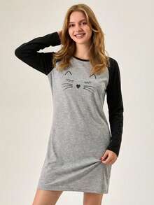 Loomlin 女士撞色长袖猫脸印花睡衣 - 灰色 - 查看 4