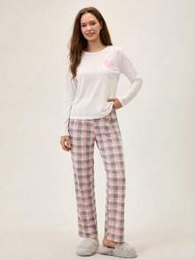 Loomlin Cotton Cute Pink & Blue Heart Long Sleeve Sleep Top&Plaid Pattern Pants Homewear Pajama Set Pajama Sets For Women Round Neck Warm Pajamas For Women Sleep Wear Women Set Soft Pajamas Set