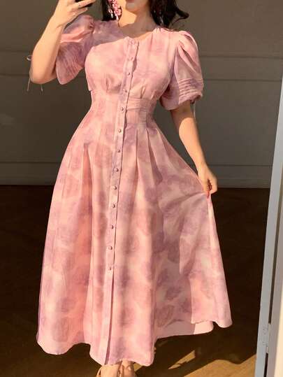 DAZY Romantic Floral Print Lantern Sleeve Midi Dress With Flared Skirt, Elegant For Vacation