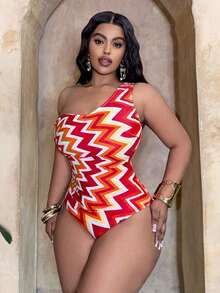 Slaydiva 大码女式几何线条印花时尚度假休闲修身不对称领口连体泳衣 - 彩色 - 查看 4