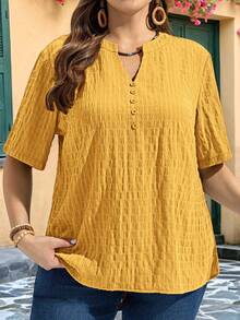 EMERY ROSE Plus Size Plain Simple Short Sleeve Shirt, Suitable For Summer, Summer Tops - Yellow - View 2